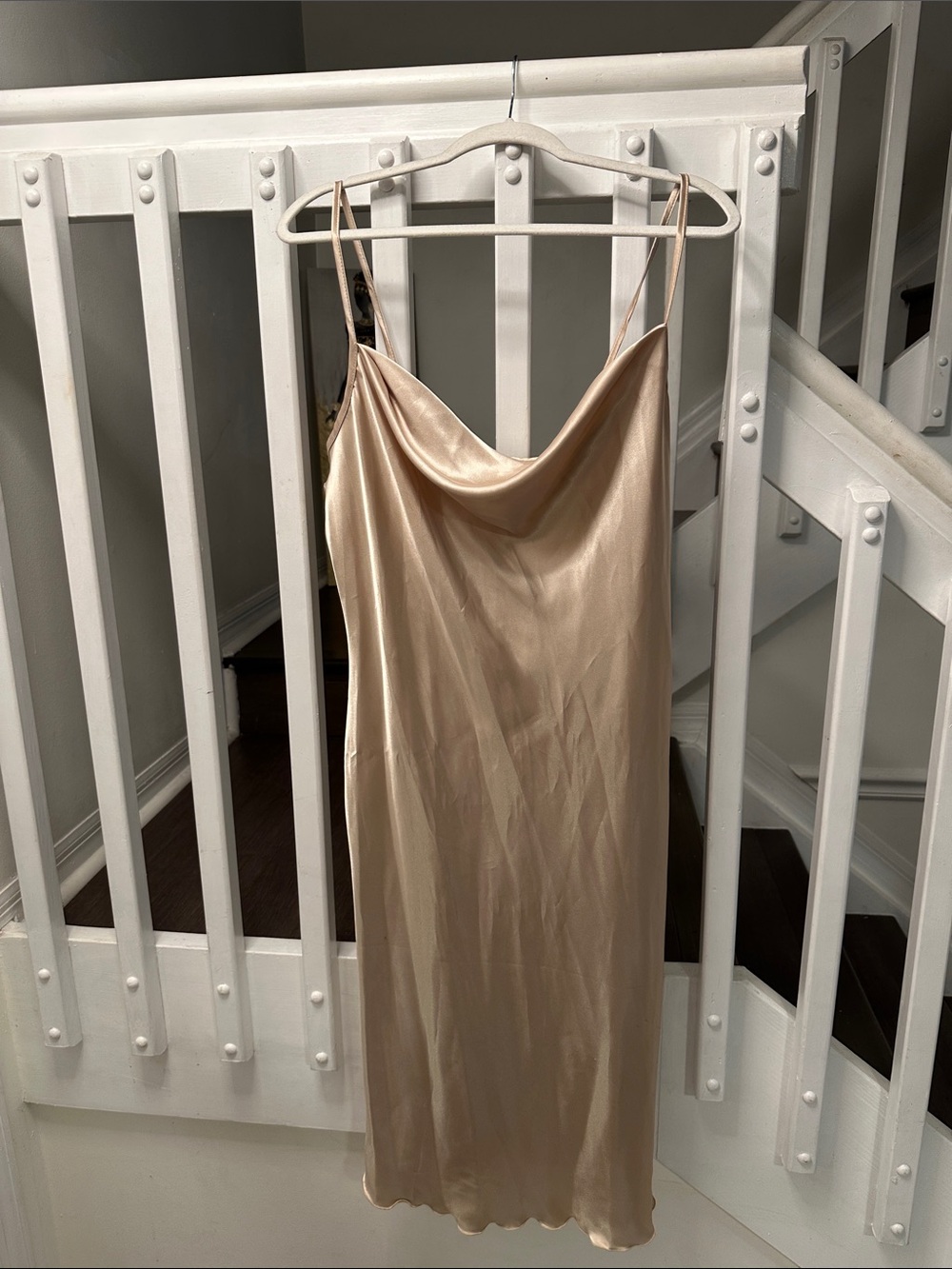 bebe Champagne Satin Cowl Midi Slip Dress
